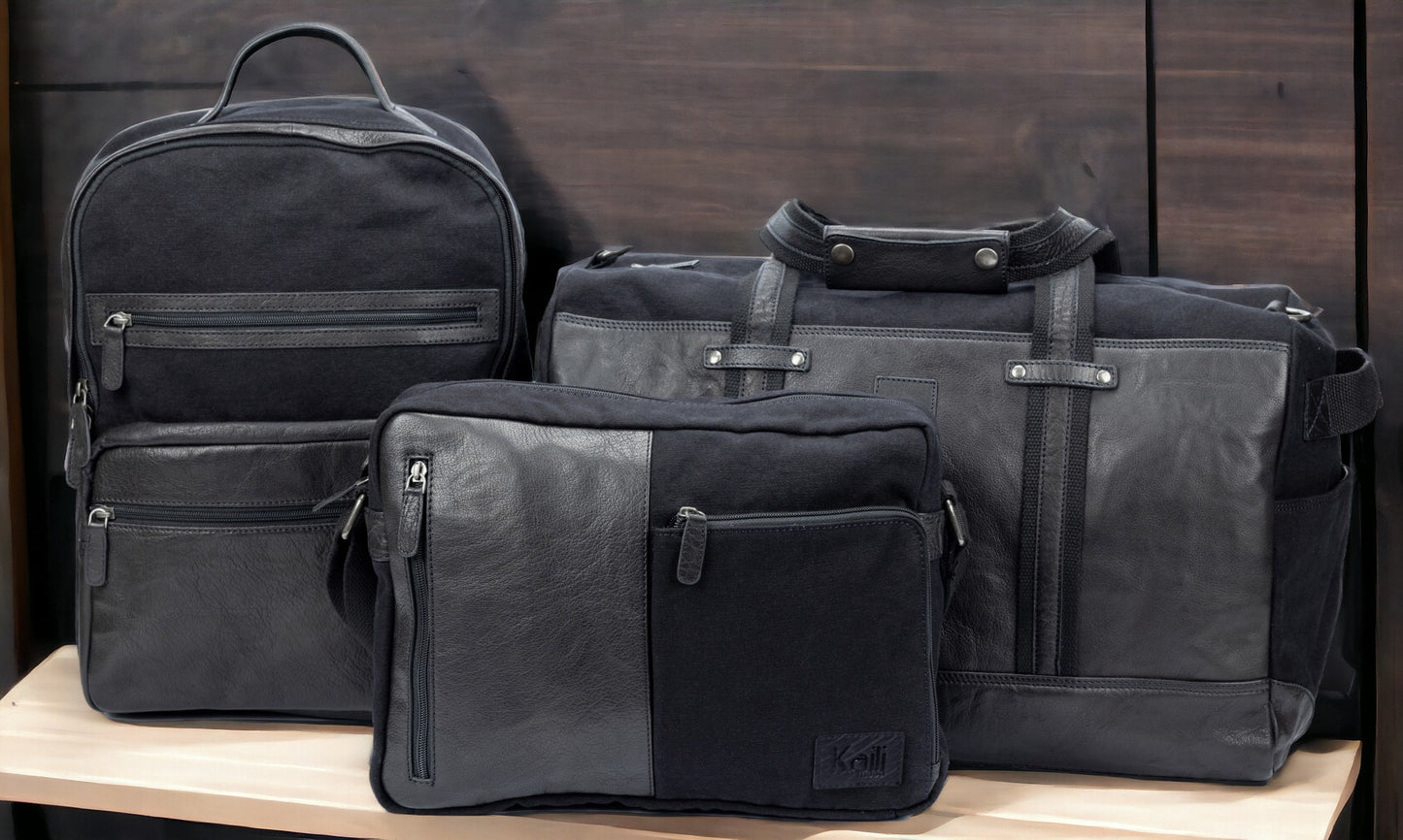 Messenger Tasche – Canvas & Echtleder Schultertasche in Schwarz
