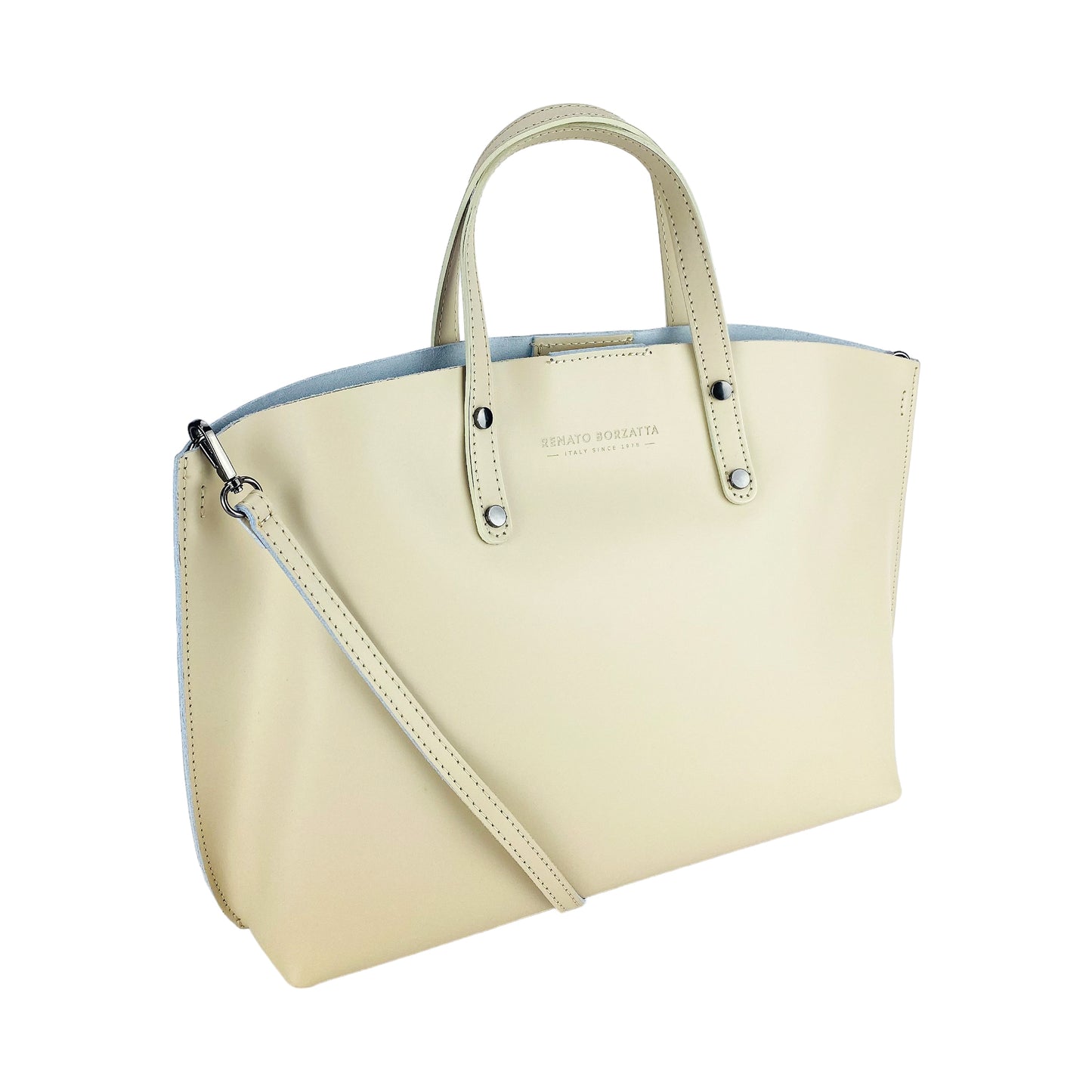 Damen-Handtasche aus echtem Leder – Made in Italy mit abnehmbarem Schulterriemen. Herausnehmbare große Innentasche. Glänzende Metallaccessoires in Gunmetal – Maße: 48 x 31 x 11 cm