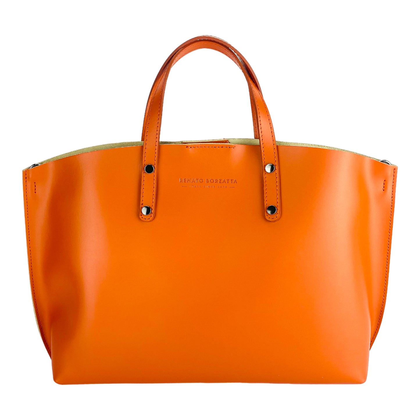 Women's handbag made of genuine leather – Made in Italy with a detachable shoulder strap. Removable large interior pocket. Shiny gunmetal metal accessories. Dimensions: 48 x 31 x 11 cm.