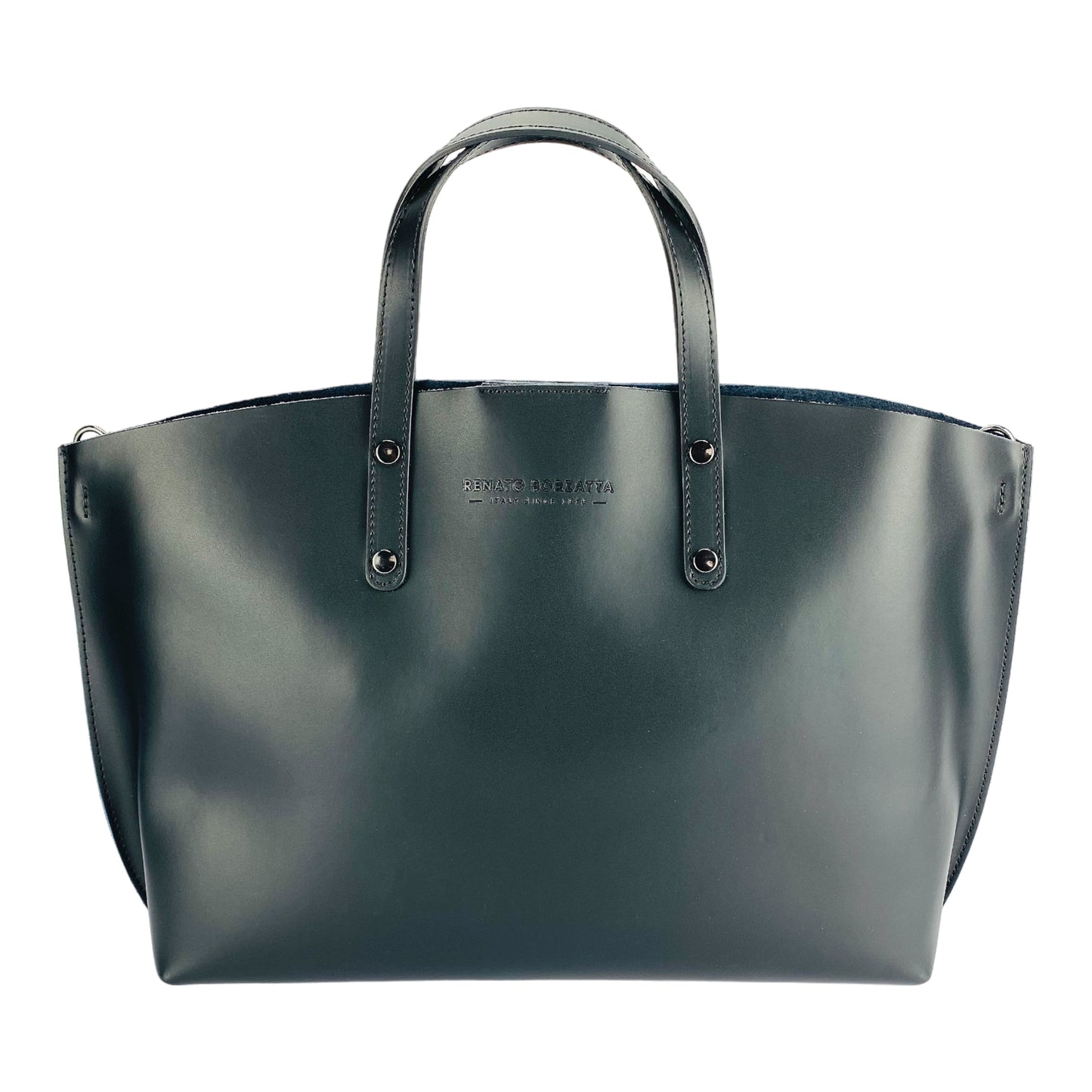 Women's handbag made of genuine leather – Made in Italy with a detachable shoulder strap. Removable large interior pocket. Shiny gunmetal metal accessories. Dimensions: 48 x 31 x 11 cm.