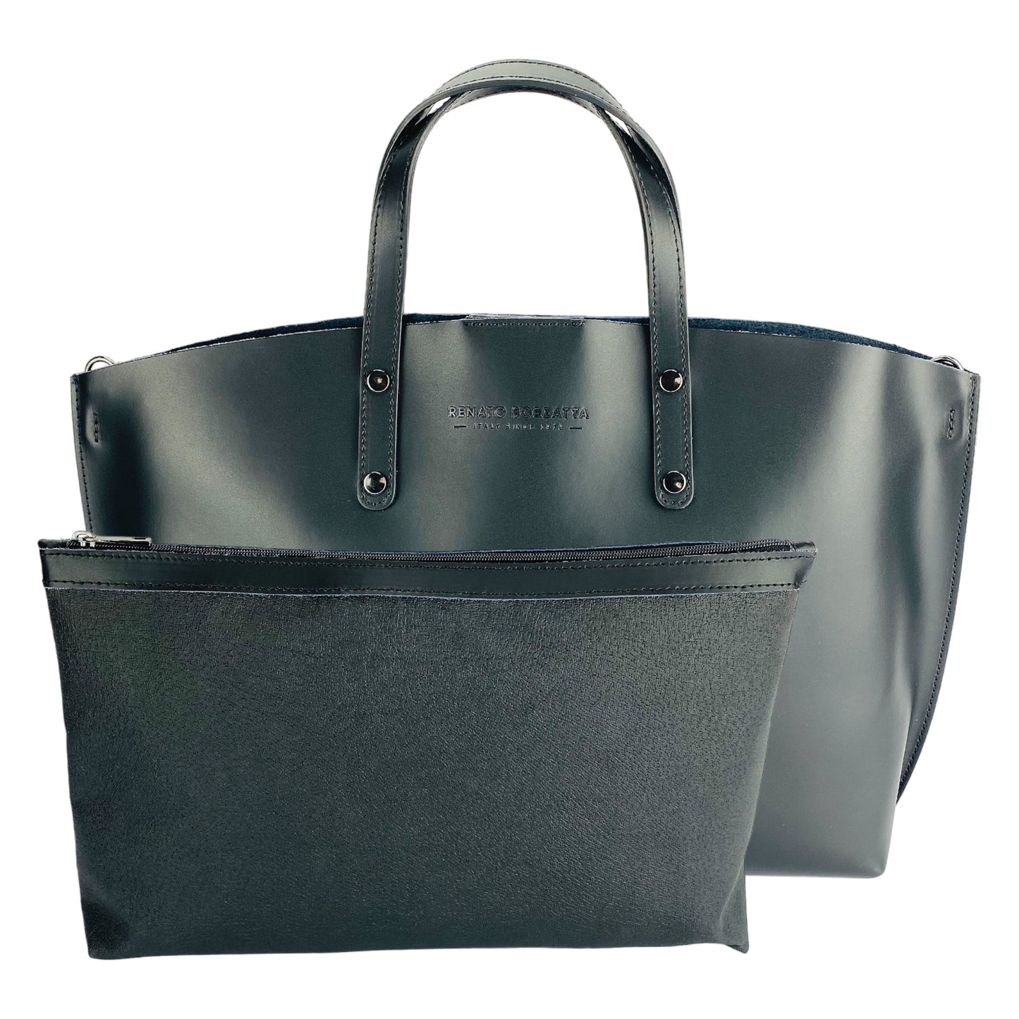 Women's handbag made of genuine leather – Made in Italy with a detachable shoulder strap. Removable large interior pocket. Shiny gunmetal metal accessories. Dimensions: 48 x 31 x 11 cm.