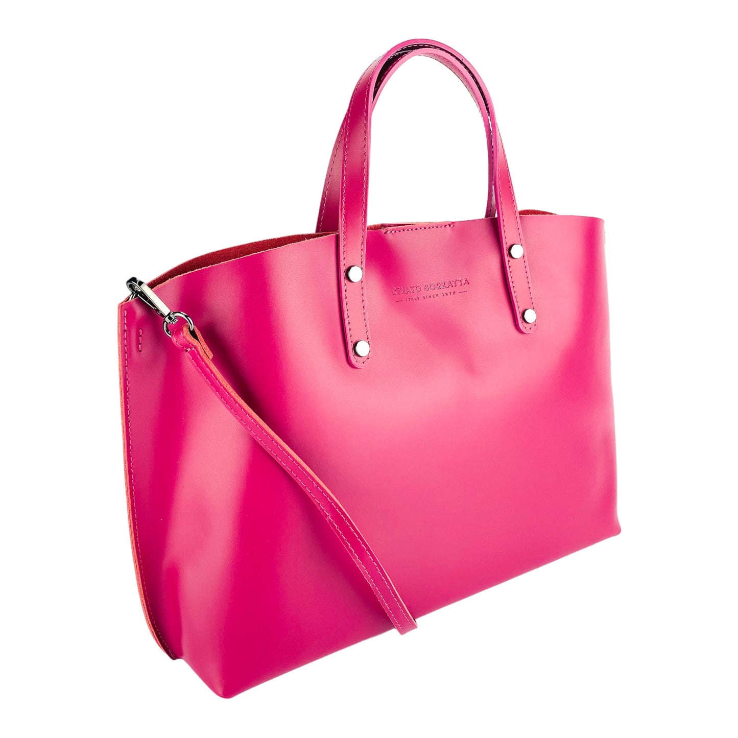 Damen-Handtasche aus echtem Leder – Made in Italy mit abnehmbarem Schulterriemen. Herausnehmbare große Innentasche. Glänzende Metallaccessoires in Gunmetal – Maße: 48 x 31 x 11 cm