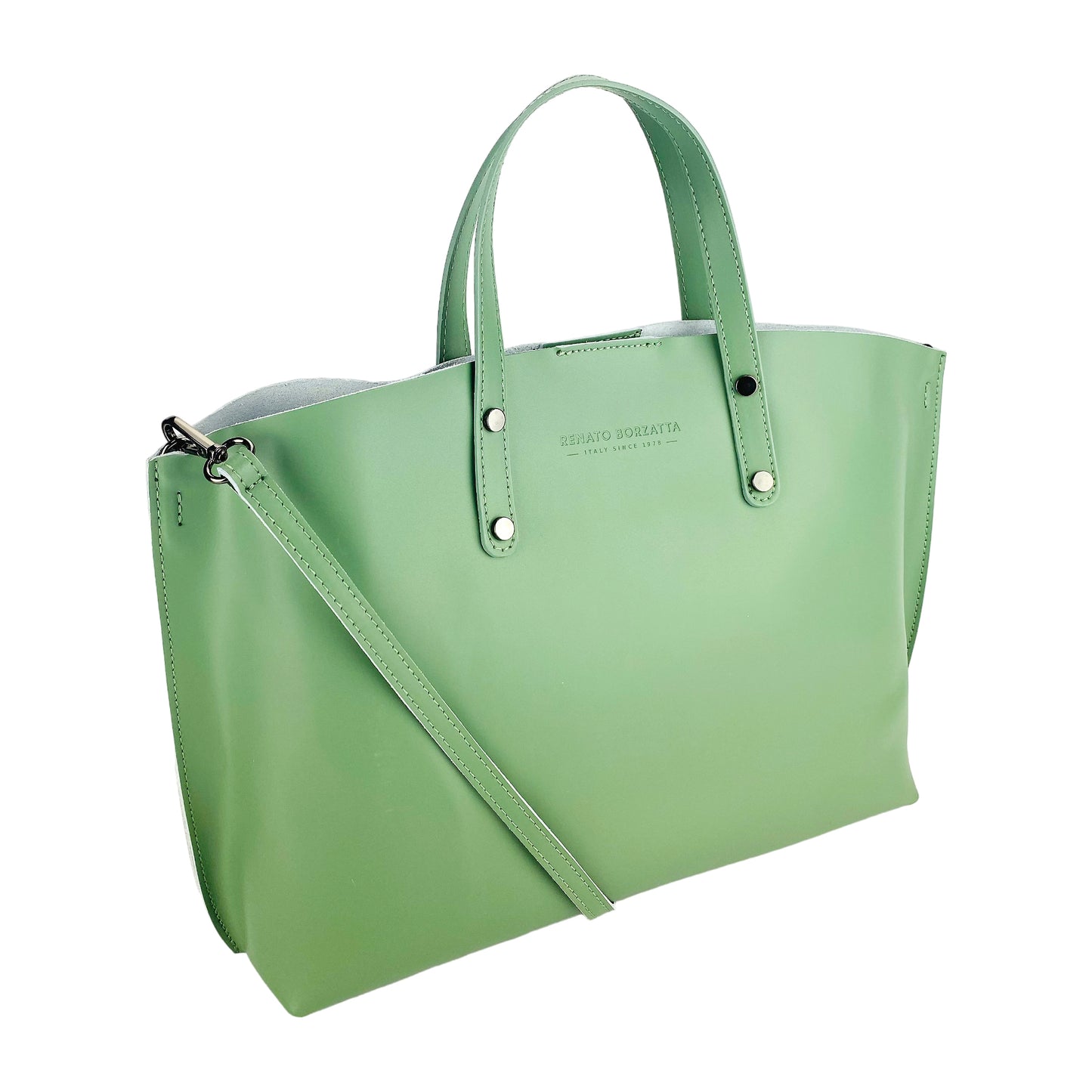 Damen-Handtasche aus echtem Leder – Made in Italy mit abnehmbarem Schulterriemen. Herausnehmbare große Innentasche. Glänzende Metallaccessoires in Gunmetal – Maße: 48 x 31 x 11 cm