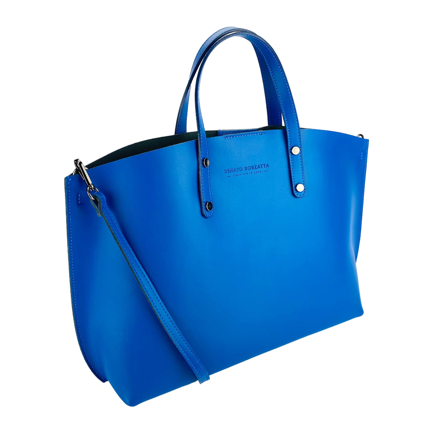 Damen-Handtasche aus echtem Leder – Made in Italy mit abnehmbarem Schulterriemen. Herausnehmbare große Innentasche. Glänzende Metallaccessoires in Gunmetal – Maße: 48 x 31 x 11 cm