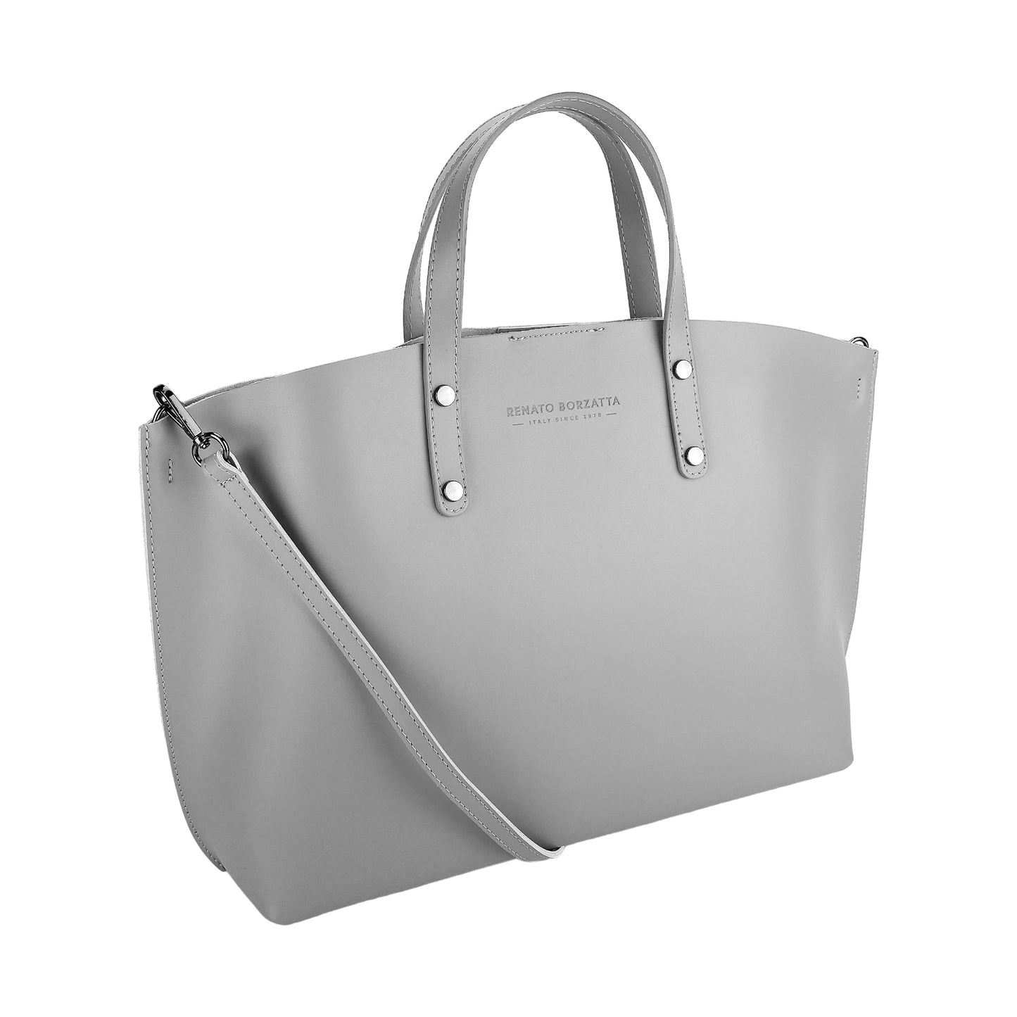 Damen-Handtasche aus echtem Leder – Made in Italy mit abnehmbarem Schulterriemen. Herausnehmbare große Innentasche. Glänzende Metallaccessoires in Gunmetal – Maße: 48 x 31 x 11 cm