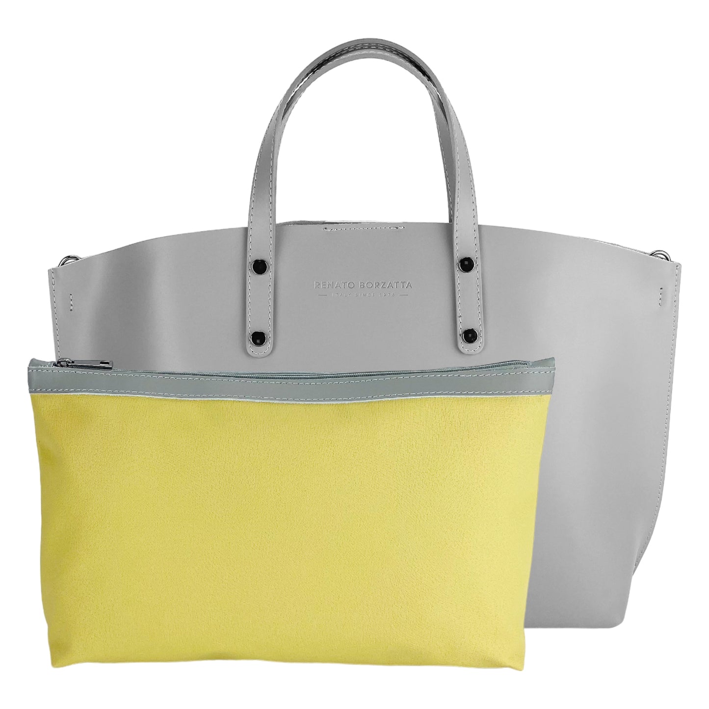 Women's handbag made of genuine leather – Made in Italy with a detachable shoulder strap. Removable large interior pocket. Shiny gunmetal metal accessories. Dimensions: 48 x 31 x 11 cm.