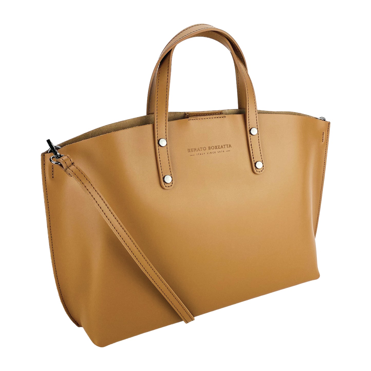 Damen-Handtasche aus echtem Leder – Made in Italy mit abnehmbarem Schulterriemen. Herausnehmbare große Innentasche. Glänzende Metallaccessoires in Gunmetal – Maße: 48 x 31 x 11 cm