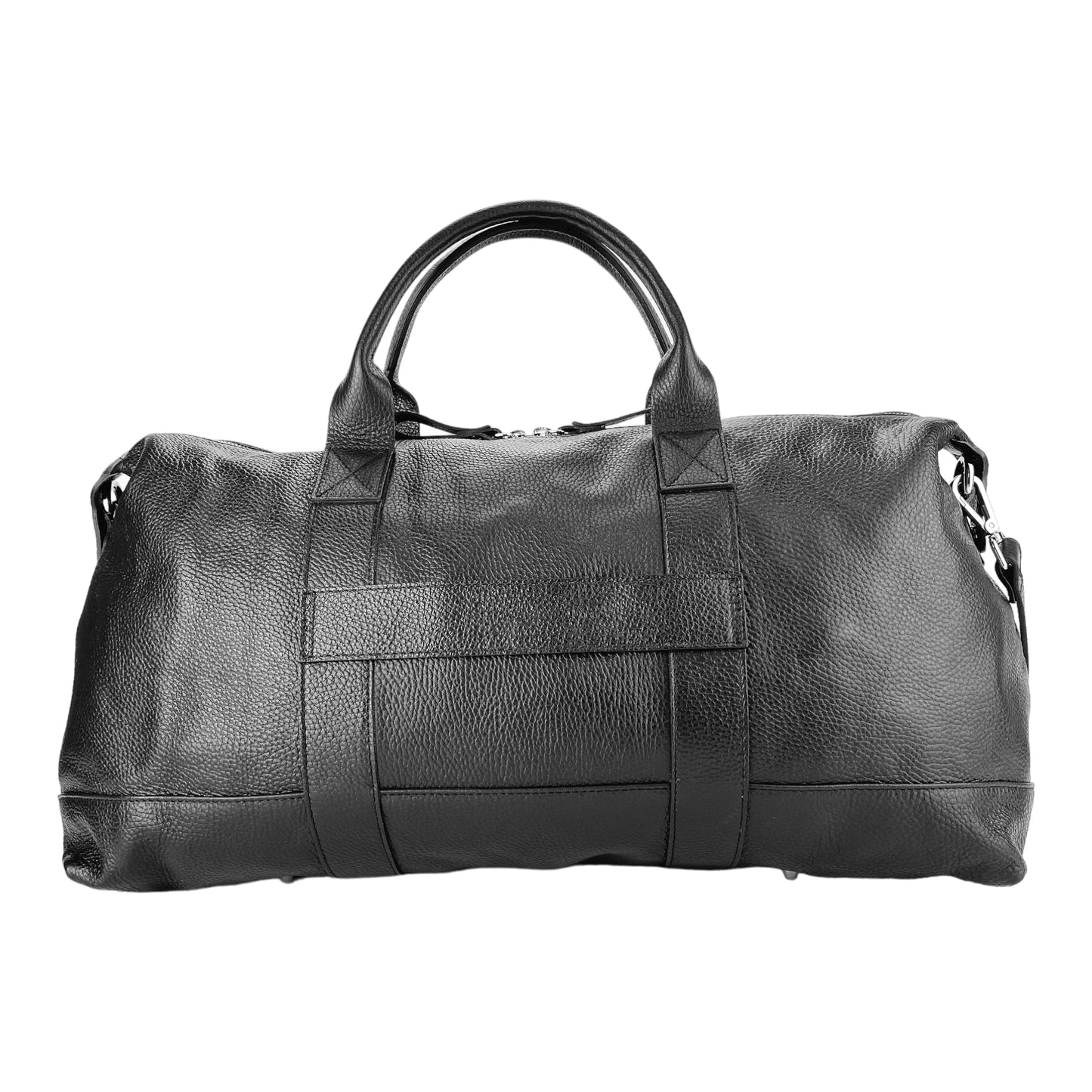 B1029A | Genuine leather travel bag – Made in Italy with an adjustable and removable shoulder strap. Zipper closure and shiny nickel-finish metal accessories. Color: Black. Dimensions: 57 x 26 x 24 cm.