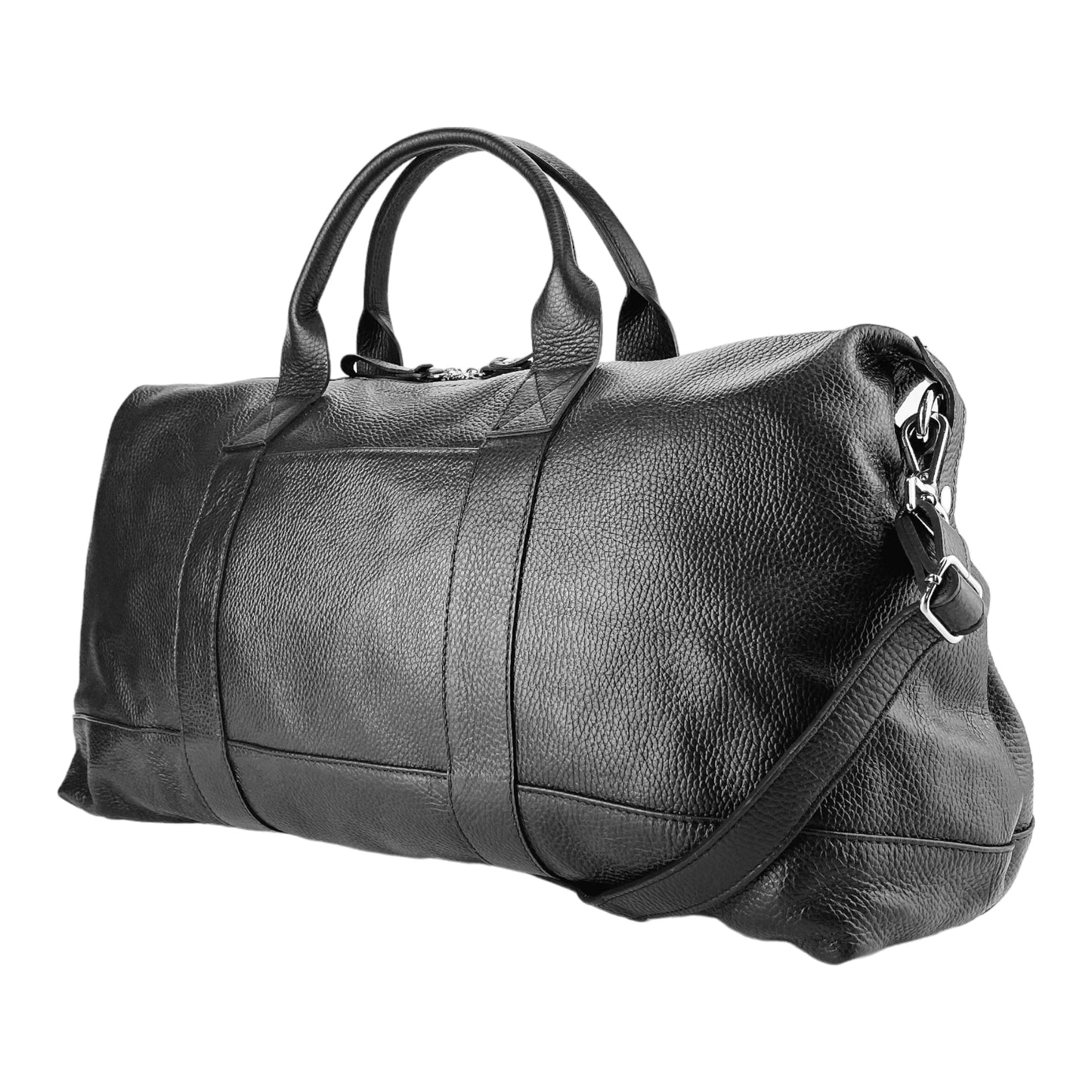 B1029A | Genuine leather travel bag – Made in Italy with an adjustable and removable shoulder strap. Zipper closure and shiny nickel-finish metal accessories. Color: Black. Dimensions: 57 x 26 x 24 cm.