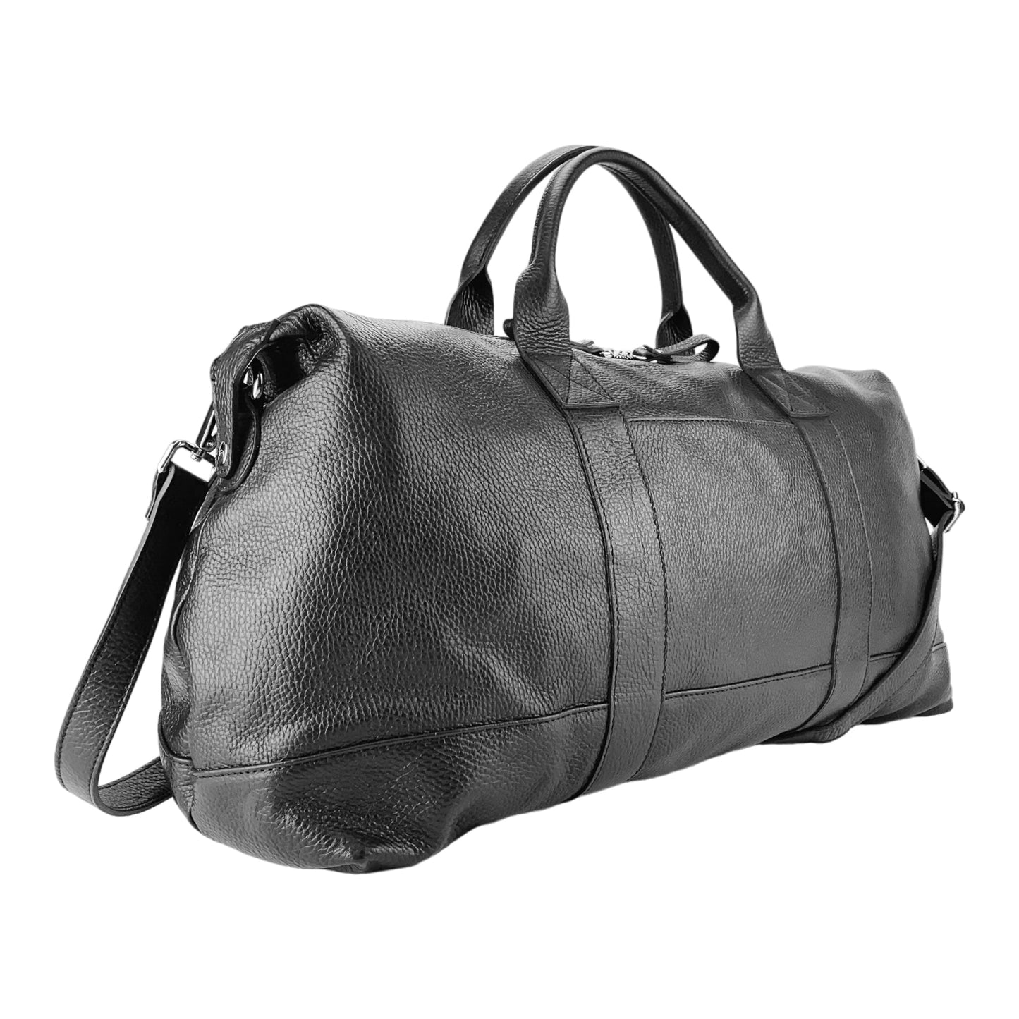 B1029A | Genuine leather travel bag – Made in Italy with an adjustable and removable shoulder strap. Zipper closure and shiny nickel-finish metal accessories. Color: Black. Dimensions: 57 x 26 x 24 cm.