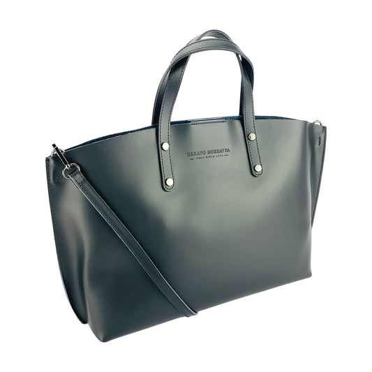 Damen-Handtasche aus echtem Leder – Made in Italy mit abnehmbarem Schulterriemen. Herausnehmbare große Innentasche. Glänzende Metallaccessoires in Gunmetal – Maße: 48 x 31 x 11 cm