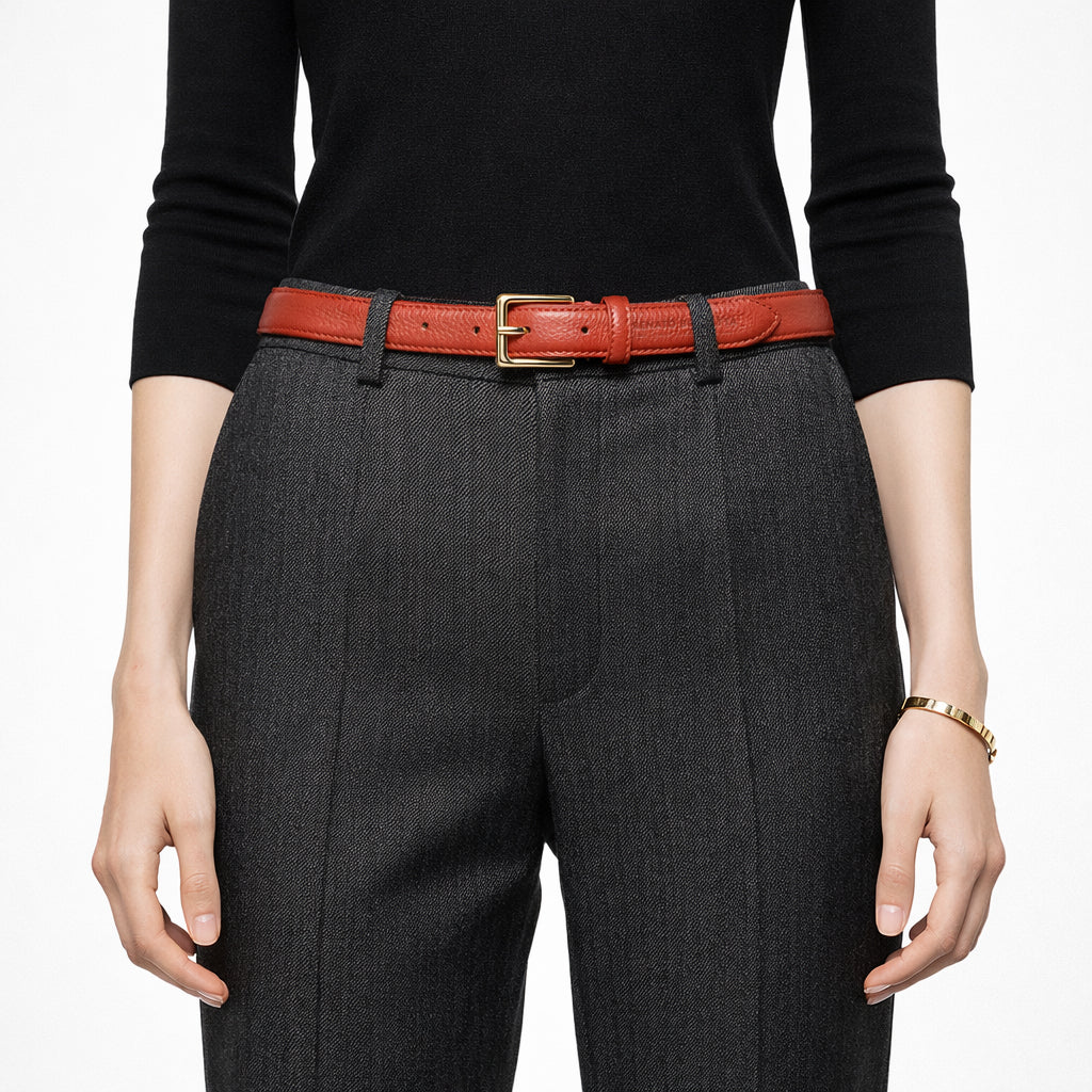 Damen Gürtel aus genarbtem Leder – Made in Italy – Ledergürtel mit Gold-Schnalle – Schwarz, Paprika, Taupe, Aviatorblau, Rubinrot - RB4022