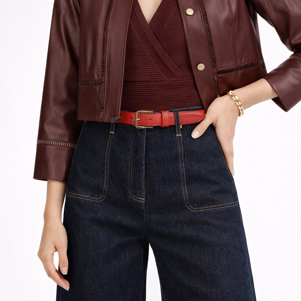 Damen Gürtel aus genarbtem Leder – Made in Italy – Ledergürtel mit Gold-Schnalle – Schwarz, Paprika, Taupe, Gold, Aviatorblau, Rubinrot - RB4023